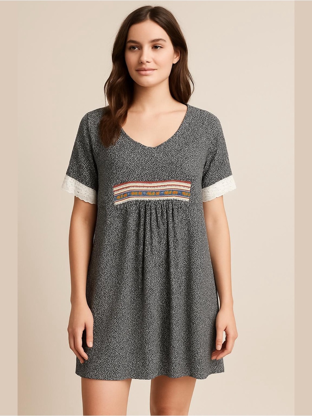 Ivy & Jane Patterned Shift Babydoll Dress Embroidered Strap Boho Cottagecore  S